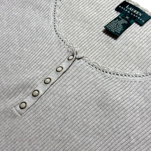 Lauren Ralph Lauren Sweater Women's 1X Beige Ribbed Knit Lace-Trim Snap Henley - Picture 3 of 6